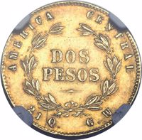 Costa Rica coin 2 Pesos (1876) reverse reverse of 2 Pesos (1876) coin with KM# 122 from Costa Rica. Inscription: AMERICA CENTRAL DOS PESOS 21Q. G.W.