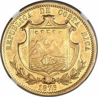 obverse of 10 Pesos (1876) coin with KM# 123 from Costa Rica. Inscription: REPUBLICA DE COSTA RICA 1876