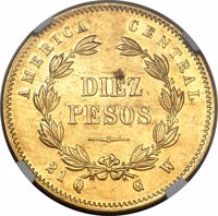 reverse of 10 Pesos (1876) coin with KM# 123 from Costa Rica. Inscription: AMERICA CENTRAL DIEZ PESOS 21Q. G.W.