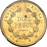 Costa Rica coin 10 Pesos (1876) reverse reverse of 10 Pesos (1876) coin with KM# 123 from Costa Rica. Inscription: AMERICA CENTRAL DIEZ PESOS 21Q. G.W.