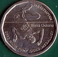 obverse of 50 Cents - Iliesa Delana: paralympian High Jump Medallist (2013) coin with KM# 515 from Fiji. Inscription: PARALYMPIAN Iliesa Delana 2012 HIGH JUMP GOLD MEDALLIST