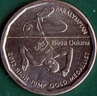 Fiji coin 50 Cents - Iliesa Delana: paralympian High Jump Medallist (2013) obverse obverse of 50 Cents - Iliesa Delana: paralympian High Jump Medallist (2013) coin with KM# 515 from Fiji. Inscription: PARALYMPIAN Iliesa Delana 2012 HIGH JUMP GOLD MEDALLIST