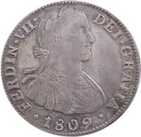 obverse of 2 Reales - Fernando VII (1809 - 1811) coin with KM# 92 from Mexico. Inscription: FERDIN * VII * DEI * GRATIA