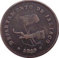 obverse of 1/4 Real (1858 - 1860) coin with KM# 356 from Mexico. Inscription: DEPARTAMENTO DE JALISCO *1858*