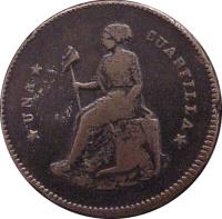 reverse of 1/4 Real (1858 - 1860) coin with KM# 356 from Mexico. Inscription: UNA CUARTILLA