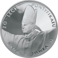 Poland coin 10 Złotych - 20th Anniversary of John Paul's II Pontificate (1998) reverse reverse of 10 Złotych - 20th Anniversary of John Paul's II Pontificate (1998) coin with Y# 345 from Poland. Inscription: 20 · LECIE PONTYFIKATU JANA PAWŁA II