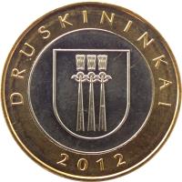 Lithuania coin 2 Litai - Lithuanian resorts - Druskininkai (2012) reverse reverse of 2 Litai - Lithuanian resorts - Druskininkai (2012) coin with KM# 184.1 from Lithuania. Inscription: DRUSKININKAI 2012