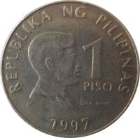 reverse of 1 Piso (1995 - 2003) coin with KM# 269 from Philippines. Inscription: REPUBLIKA NG PILIPINAS 1 PISO JOSE RIZAL 1997