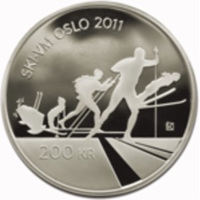 reverse of 200 Kroner - Harald V - Central role of the sport of skiing in Norway (2011) coin with KM# 485 from Norway. Inscription: SKI · VM OSLO 2011 IVK 200 KR