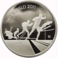 Norway coin 200 Kroner - Harald V - Central role of the sport of skiing in Norway (2011) reverse reverse of 200 Kroner - Harald V - Central role of the sport of skiing in Norway (2011) coin with KM# 485 from Norway. Inscription: SKI · VM OSLO 2011 IVK 200 KR