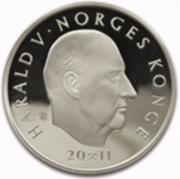 obverse of 200 Kroner - Harald V - 150th Anniversary of the Norwegian Olympic and Paralympic Committee and Confederation of Sports (2011) coin with KM# 486 from Norway. Inscription: HARALD V · NORGES KONGE IAR 20⚒11