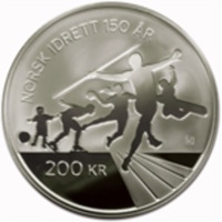 Norway coin 200 Kroner - Harald V - 150th Anniversary of the Norwegian Olympic and Paralympic Committee and Confederation of Sports (2011) reverse reverse of 200 Kroner - Harald V - 150th Anniversary of the Norwegian Olympic and Paralympic Committee and Confederation of Sports (2011) coin with KM# 486 from Norway. Inscription: NORSK IDRETT 150 ÅR IVK 200 KR