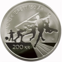 reverse of 200 Kroner - Harald V - 150th Anniversary of the Norwegian Olympic and Paralympic Committee and Confederation of Sports (2011) coin with KM# 486 from Norway. Inscription: NORSK IDRETT 150 ÅR IVK 200 KR