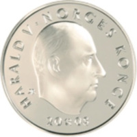 obverse of 200 Kroner - Harald V - 200th Anniversary of the Birth of Henrik Wergeland (2008) coin with KM# 480 from Norway. Inscription: HARALD V·NORGES KONGE 2008
