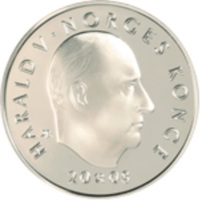 Norway coin 200 Kroner - Harald V - 200th Anniversary of the Birth of Henrik Wergeland (2008) obverse obverse of 200 Kroner - Harald V - 200th Anniversary of the Birth of Henrik Wergeland (2008) coin with KM# 480 from Norway. Inscription: HARALD V·NORGES KONGE 2008