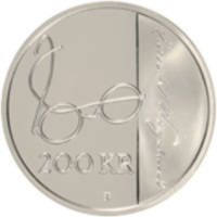 reverse of 200 Kroner - Harald V - 200th Anniversary of the Birth of Henrik Wergeland (2008) coin with KM# 480 from Norway. Inscription: 200 KR