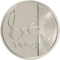 Norway coin 200 Kroner - Harald V - 200th Anniversary of the Birth of Henrik Wergeland (2008) reverse reverse of 200 Kroner - Harald V - 200th Anniversary of the Birth of Henrik Wergeland (2008) coin with KM# 480 from Norway. Inscription: 200 KR