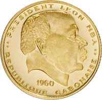 Gabon coin 25 Francs - Independence (1960) obverse obverse of 25 Francs - Independence (1960) coin with KM# 2 from Gabon. Inscription: PRESIDENT LEON MBA 1960 REPUBLIQUE GABONAISE