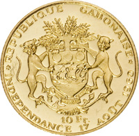 Gabon coin 25 Francs - Independence (1960) reverse reverse of 25 Francs - Independence (1960) coin with KM# 2 from Gabon. Inscription: REPUBLIQUE GABONAISE 25 Fr. INDEPENDANCE 17 AOÛT 1960