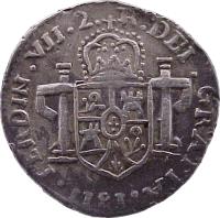 obverse of 2 Reales - Fernando VII - Zacatecas Royalist Coinage (1810 - 1811) coin with KM# 186 from Mexico. Inscription: FERDIN VII...