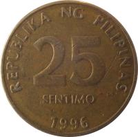 Philippines coin 25 Sentimo (1995 - 2003) reverse reverse of 25 Sentimo (1995 - 2003) coin with KM# 271 from Philippines. Inscription: REPUBLIKA NG PILIPINAS 25 SENTIMO 2001