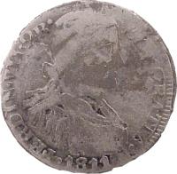obverse of 2 Reales - Fernando VII - Zacatecas Royalist Coinage (1811 - 1812) coin with KM# 188 from Mexico. Inscription: FERDIN VII...