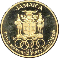 obverse of 250 Dollars - Elizabeth II - 1980 Olympics (1980) coin with KM# 89 from Jamaica. Inscription: JAMAICA OUT OF MANY, ONE PEOPLE 1980 TWO HUNDRED DOLLARS