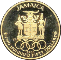 Jamaica coin 250 Dollars - Elizabeth II - 1980 Olympics (1980) obverse obverse of 250 Dollars - Elizabeth II - 1980 Olympics (1980) coin with KM# 89 from Jamaica. Inscription: JAMAICA OUT OF MANY, ONE PEOPLE 1980 TWO HUNDRED DOLLARS