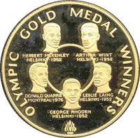 reverse of 250 Dollars - Elizabeth II - 1980 Olympics (1980) coin with KM# 89 from Jamaica. Inscription: OLYMPIC GOLD MEDAL WINNERS HERBERT MCKENLEY HELSINKI·1952 ARTHUR WINT HELSINKI·1952 DONALD QUARRIE MONTREAL·1976 LESLIE LAING HELSINKI·1952 GEORGE RHO
