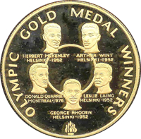 Jamaica coin 250 Dollars - Elizabeth II - 1980 Olympics (1980) reverse reverse of 250 Dollars - Elizabeth II - 1980 Olympics (1980) coin with KM# 89 from Jamaica. Inscription: OLYMPIC GOLD MEDAL WINNERS HERBERT MCKENLEY HELSINKI·1952 ARTHUR WINT HELSINKI·1952 DONALD QUARRIE MONTREAL·1976 LESLIE LAING HELSINKI·1952 GEORGE RHO