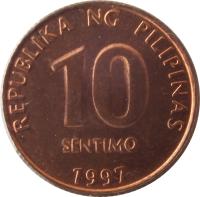 reverse of 10 Sentimo (1995 - 2014) coin with KM# 270 from Philippines. Inscription: REPUBLIKA NG PILIPINAS 10 SENTIMO 1995