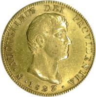 Mexico coin 8 Escudos - Agustin I Iturbide (1823) obverse obverse of 8 Escudos - Agustin I Iturbide (1823) coin with KM# 314 from Mexico. Inscription: AUGUSTINUS DEI PROVIDENTIA * 1823 * Mo