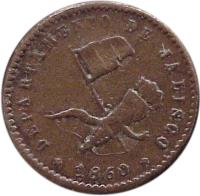 obverse of 1/16 Real (1860) coin with KM# 316 from Mexico. Inscription: DEPARTAMENTO DE JALISCO