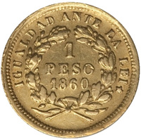 Chile coin 1 Peso (1860 - 1864) reverse reverse of 1 Peso (1860 - 1864) coin with KM# 133 from Chile. Inscription: IGUALDAD ANTE LA LEI 1 PESO 1860
