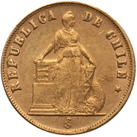 Chile coin 1 Peso (1867 - 1875) obverse obverse of 1 Peso (1867 - 1875) coin with KM# 140 from Chile. Inscription: REPUBLICA DE CHILE So