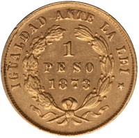 Chile coin 1 Peso (1867 - 1875) reverse reverse of 1 Peso (1867 - 1875) coin with KM# 140 from Chile. Inscription: IGUALDAD ANTE LA LEI 1 PESO 1873
