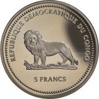 KM# 170 REPUBLIQUE DEMOCRATIQUE DU CONGO5 FRANCS.