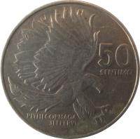 reverse of 50 Sentimo (1983 - 1990) coin with KM# 242.1 from Philippines. Inscription: 50 SENTIMO PITHECOPHAGA JEFFERYI