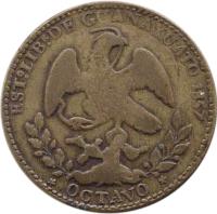 obverse of 1/8 Real (1856 - 1857) coin with KM# 328 from Mexico. Inscription: ESTADO LIBRE DE GUANAJUATO