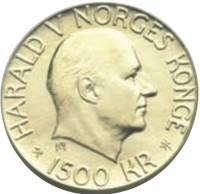 obverse of 1500 Kroner - Harald V - Nobel peace prize centennial (2001) coin with KM# 470 from Norway. Inscription: HARALD V NORGES KONGE ØH ⚒ 1500 KR JEJ