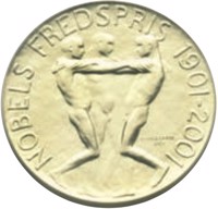 reverse of 1500 Kroner - Harald V - Nobel peace prize centennial (2001) coin with KM# 470 from Norway. Inscription: NOBELS FREDSPRIS 1901-2001 G·VIGELAND sc·