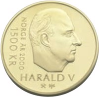 obverse of 1500 Kroner - Harald V - Millennium (2000) coin with KM# 467 from Norway. Inscription: NORGE ÅR 2000 1500 KR HARALD V ⚒ JEJ