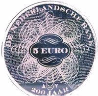 Netherlands coin 5 Euro - Willem-Alexander - 200th anniversary of the Dutch Bank (2014) reverse reverse of 5 Euro - Willem-Alexander - 200th anniversary of the Dutch Bank (2014) coin with KM# 354 from Netherlands. Inscription: DE NEDERLANDSCHE BANK 5 EURO MJG 200 JAAR