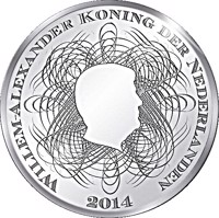 obverse of 5 Euro - Willem-Alexander - 200th anniversary of the Dutch Bank (2014) coin with KM# 354 from Netherlands. Inscription: WILLEM-ALEXANDER KONING DER NEDERLANDEN 2014