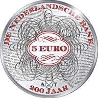 reverse of 5 Euro - Willem-Alexander - 200th anniversary of the Dutch Bank (2014) coin with KM# 354 from Netherlands. Inscription: DE NEDERLANDSCHE BANK 5 EURO MJG 200 JAAR