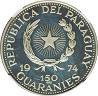 obverse of 150 Guaraníes - President John F. Kennedy (1974) coin with KM# 114 from Paraguay. Inscription: REPUBLICA DEL PARAGUAY 19 74 150 GUARANIES