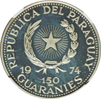 Paraguay coin 150 Guaraníes - President John F. Kennedy (1974) obverse obverse of 150 Guaraníes - President John F. Kennedy (1974) coin with KM# 114 from Paraguay. Inscription: REPUBLICA DEL PARAGUAY 19 74 150 GUARANIES