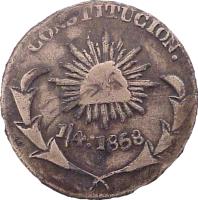 reverse of 1/4 Real (1858) coin with KM# 347 from Mexico. Inscription: CONSTITUCION
