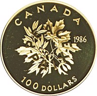 Canada coin 100 Dollars - Elizabeth II - International Year of Peace (1986) reverse reverse of 100 Dollars - Elizabeth II - International Year of Peace (1986) coin with KM# 152 from Canada. Inscription: CANADA 1986 100 DOLLARS - PEACE - PAIX