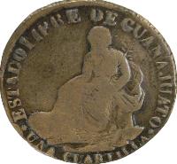 obverse of 1/4 Real (1828 - 1829) coin with KM# 351 from Mexico. Inscription: ESTADO LIBRE DE GUANAJUATO
